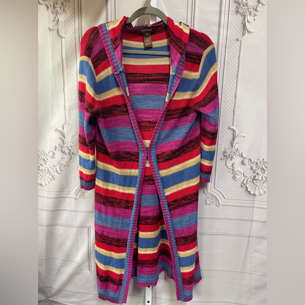 Multiples Vibrant Striped Hooded Duster Striped Cardigan Sweater Size Large